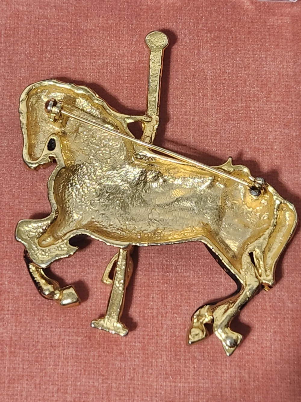 Black and Gold Carousel Horse Brooch with Multi-Colored Accents